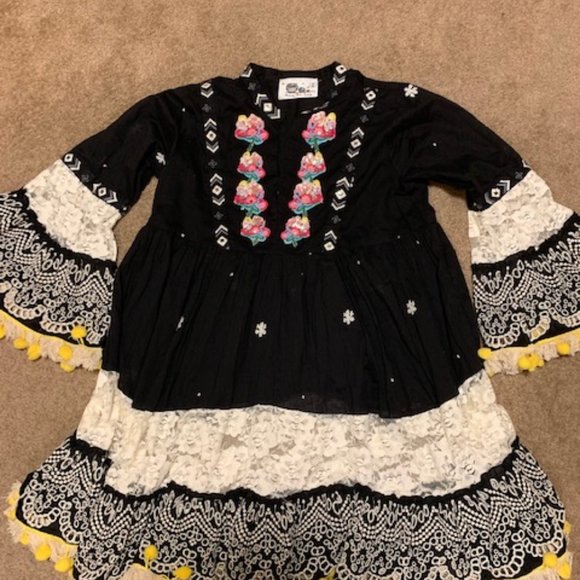 Frill Cotton Dress with Pompom and Threadwork - Picture 1 of 6